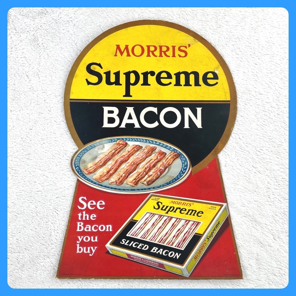 1940s Morris Supreme‎ Bacon Vintage Advertising Sign 21" Cardboard Easel Display